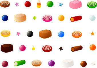 Vector illustration of various kinds of candies, caramels and chocolates