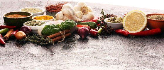 Spices and herbs on table. Food and cuisine ingredients for good cooking