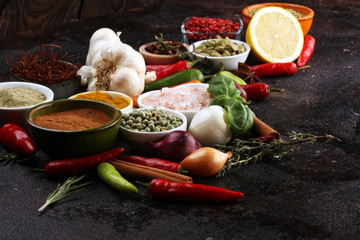Spices and herbs on table. Food and cuisine ingredients for good cooking