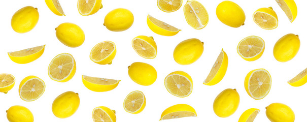 Fresh yellow lemon photographic pattern. Lemon wallpaper. Isolated on white background