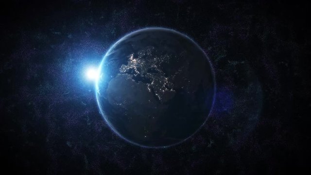 World and sun realistic 3D video. Shiny sunlight over Planet Earth, cosmos, atmosphere. Shot from Space satellite - 4K