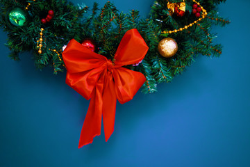Traditional handmade Christmas wreath green fir tree. Close up.