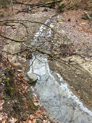 Frozen Stream in the Forest with Rocks