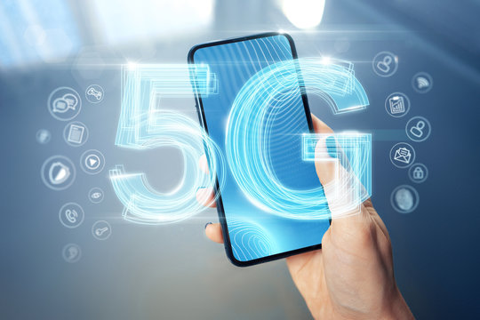 5G network wireless High speed connection. New 5th generation of internet for online gaming, downloading, watching 4K movies on mobile devices concept - Image