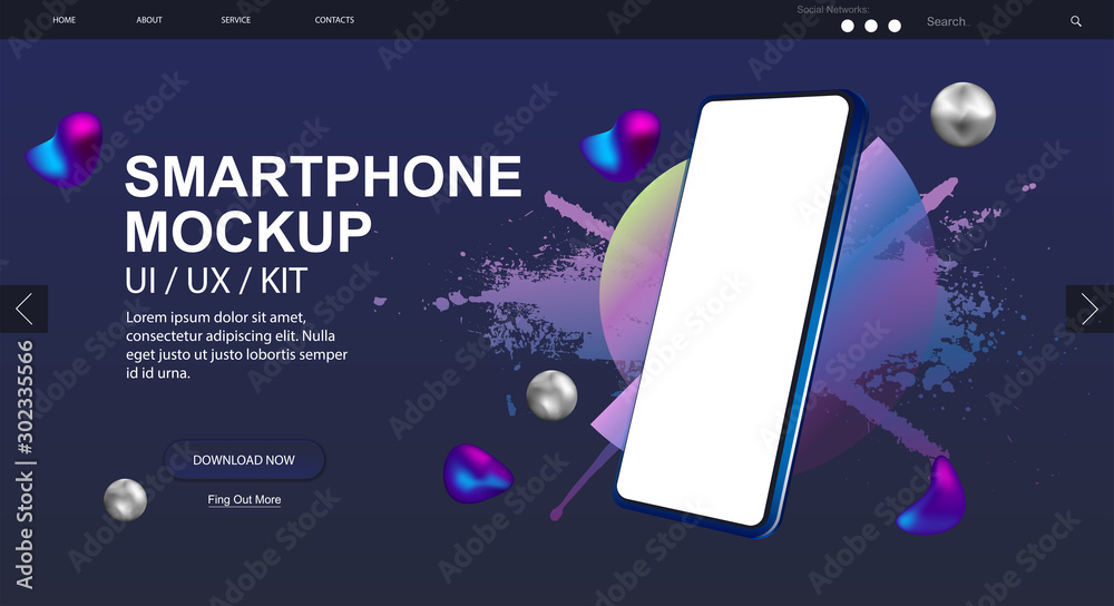 Aufkleber Smartphone rotated position Mockup and website design. 3D realistic phone in perspective. UI/UX/KIT design. Mobile phone gadget, device. Blank screen cell phone. Vector Mockup presentation UI design.