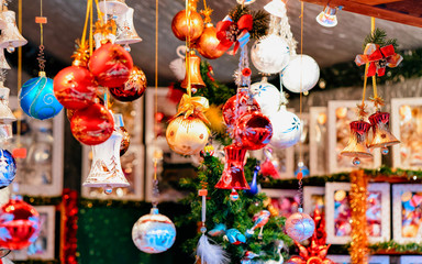 Christmas tree decorations, Christmas Market at Town Hall in Winter Berlin, Germany. Advent Fair...