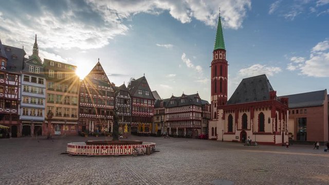 Sunrise over Romerberg square in Frankfurt
