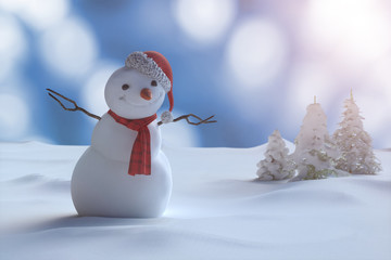 Christmas winter background with snowman and snow.    Merry christmas and happy new year greeting...