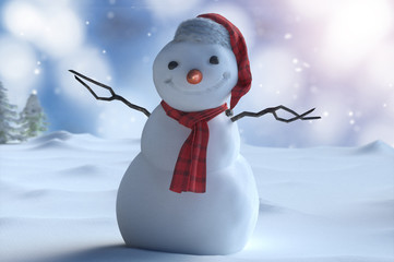 Christmas winter background with snowman and snow.    Merry christmas and happy new year greeting...