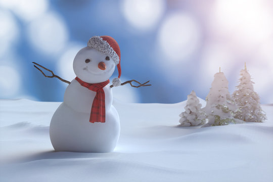 Christmas winter background with snowman and snow.    Merry christmas and happy new year greeting card with copy-space  3D render