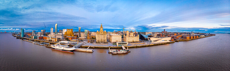 Panorama of Liverpool waterfront in the evening, Liverpool