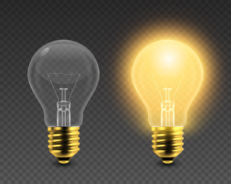 Vector 3d Realistic Turning On And Off Light Bulb Icon Set Closeup Isolated On Transparent Background. Glowing Incandescent Filament Lamps. Creativity Idea, Business Innovation Concept. Front View