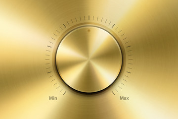 Vector Realistic Metallic Golden Knob. Design Template of Metal Gold Textured Circle Button Closeup. Circular Processing, Power Volume Playback Control, Mininmum, Maximum. Stock Vector Illustration