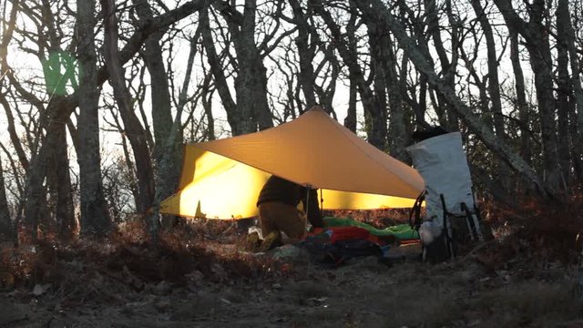 Male Hiker sets up tarp shelter interior - Three Ridges Wilderness - George Washington National Forest, VA