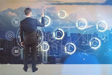 Man and illustration digital city internet smart communication future