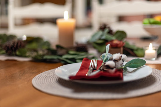 Closeup of table place setting for holiday gathering