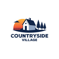 Fototapeta premium cottage home stay beside pine tree forest with sunset behind vector logo design