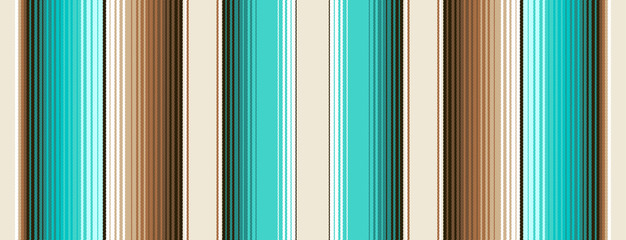 Teal, Brown and Navajo White Southwestern Blanket Stripes Seamless Vector Pattern. Mexican Serape Rug Texture with Threads. Native American Textile. Ethnic Boho Background. Tile Swatch Included. - 302341536