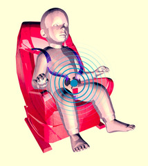 Child seat with sensor, anti-abandon device. Seat approved for cars and seated children. 3d render