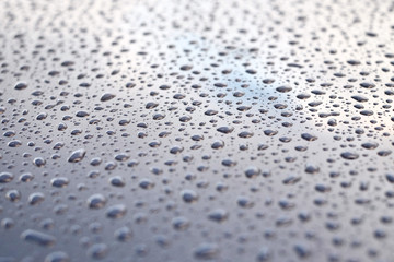 Pale gray surface with drops of rain, autumn reflections.