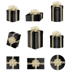 set of black gift boxes with gold transparent bows and ribbons