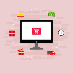 Online shopping concept desktop with computer, table, shopping bags, credit cards, coupons and products. Vector illustration for web banner, business presentation, advertising material.