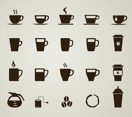 Set 20 solid icons coffee cup,bean,jar on light brown background. 