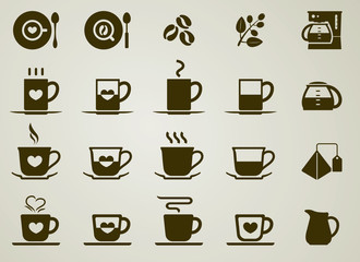 Set 20 solid icons love coffee cup,bean,milk jug on light brown background.