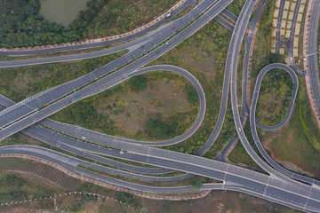 Top view of highway bridge with dense bending