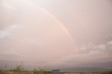 Double Rainbow with grey clouds and some little bush at sunrise in 