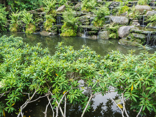 Manmade garden to imitate the waterfall in restaurant, Rayong Thailand, soft focus