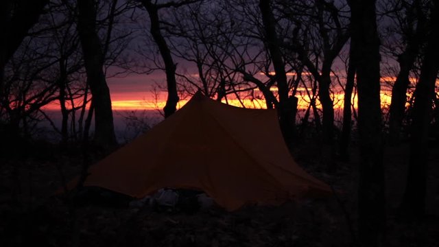 Sun rises behind tarp shelter, no people - Three Ridges Wilderness - George Washington National Forest, VA