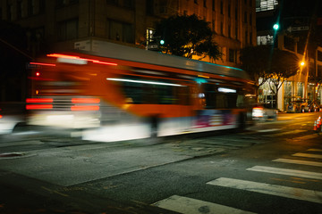 blurry bus in Los Angeles at night