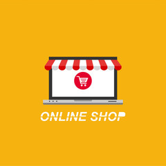Online store concept on laptop screen for M-Commerce, easy to use and highly customizable. Modern vector illustration concept, isolated on colored background.