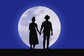 Young couple in love holding hand together walking on the moon background.