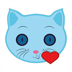 Flat drawing of a cat. An Emoji that sends a heart-shaped kiss. The face of a blue cat. Red heart. Signs and symbols of the cat. Vector