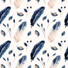 blue feather and leaf watercolor seamless pattern