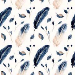 Keuken foto achterwand Aquarel veren blauwe veer en blad aquarel naadloos patroon