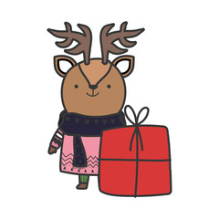 merry christmas reindeer with scarf and gift box celebration