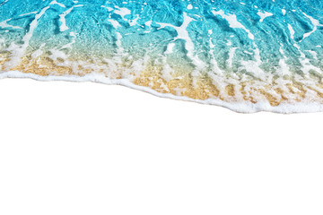 Blue sea wave tide pattern on white background isolated closeup top view, turquoise ocean water...