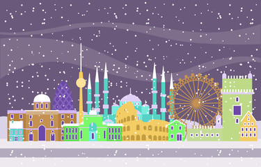 Naklejka premium Winter Snow in Europe City Cityscape Skyline Landmark Building Illustration