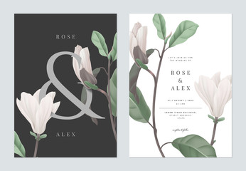 Floral wedding invitation card template design, white Anise magnolia flowers with ampersand lettering on dark grey, pastel vintage theme © momosama