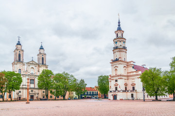 Fototapeta na wymiar The Town Hall and Church of St Francis Xavier on the Town Hall Square.Lithuania