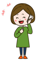 笑顔で電話をする女性　ポーズ　イラスト