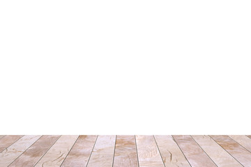 Wood table top isolated on white background. Used for product placement or montage.
