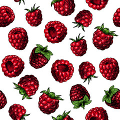 Juicy raspberries. Vector seamless pattern.Vintage style