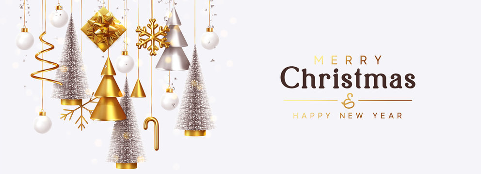 Christmas banner Background realistic festive gifts box. Christmas lush tree silver color. Xmas present. Horizontal New Year poster, greeting card, header for website. Gold and white decor ornaments
