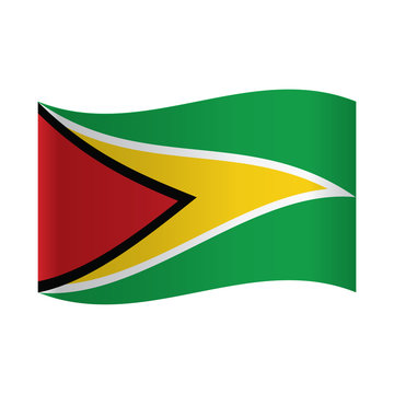 National Flag Of Guyana: Black Framed Red Triangle Within White Framed Yellow One On Green Background.