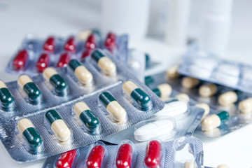 pill capsule pills and pharmaceutical antibiotics in blister pack. Medical concept.