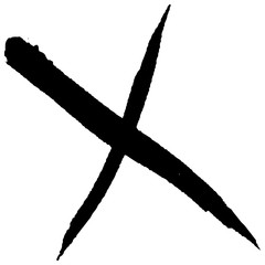 A black cross is hand-drawn on a white background. Paint strokes with a dry brush